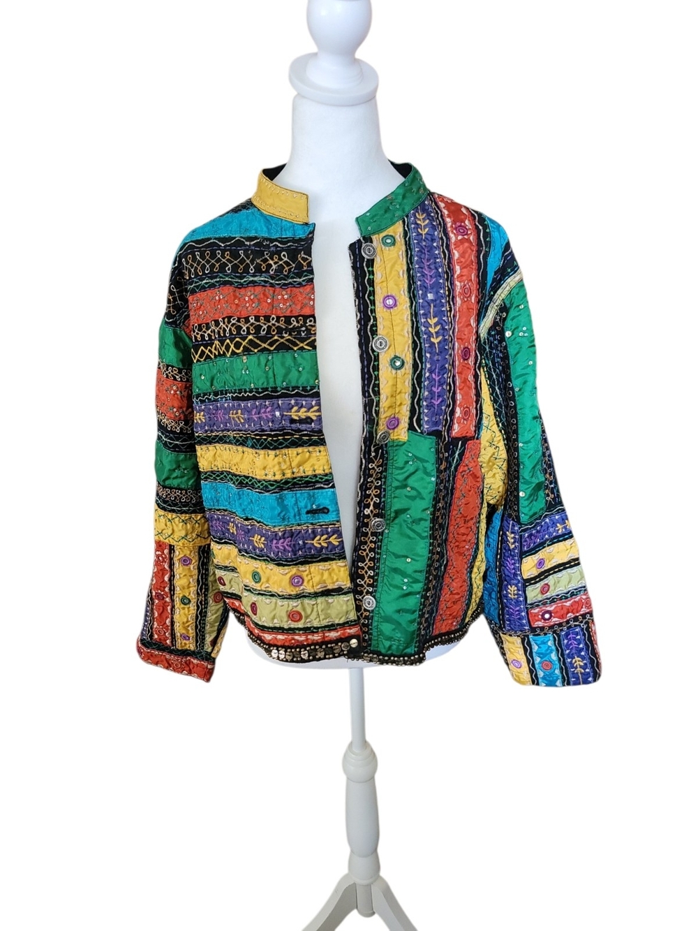 Vintage Chico's Boho Patchwork Quilted Jacket Embroidered Sequined Size 3